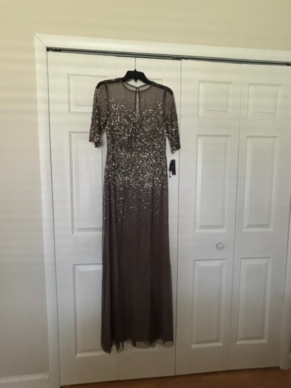 Adrianna Papell Women's 3/4 Sleeve Beaded Illusion Gown - Size 4 / Grey Silver